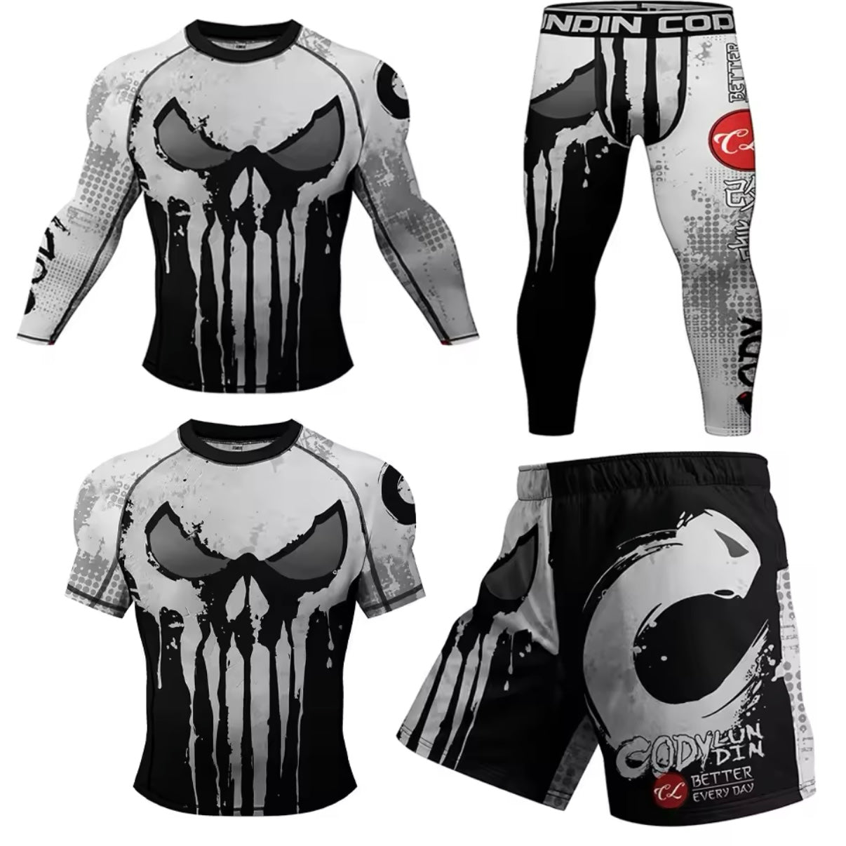 White Skull Premium BJJ No Gi / MMA Set. Rash Guard, Shorts & Spats - MADE TO ORDER 2 WEEK DISPATCH