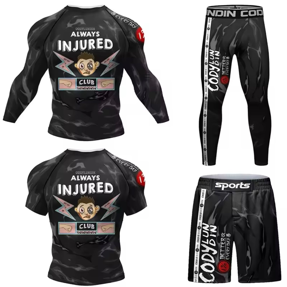 Always Injured Premium BJJ No Gi / MMA Set. Rash Guard, Shorts & Spats - MADE TO ORDER 2 WEEK DISPATCH