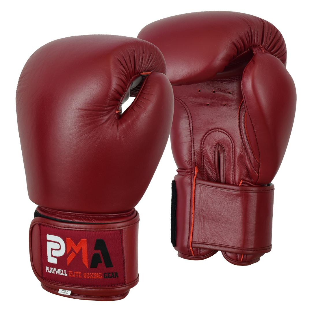 PMA Leather Muay Thai Boxing Gloves & Shin Pads Set - Maroon