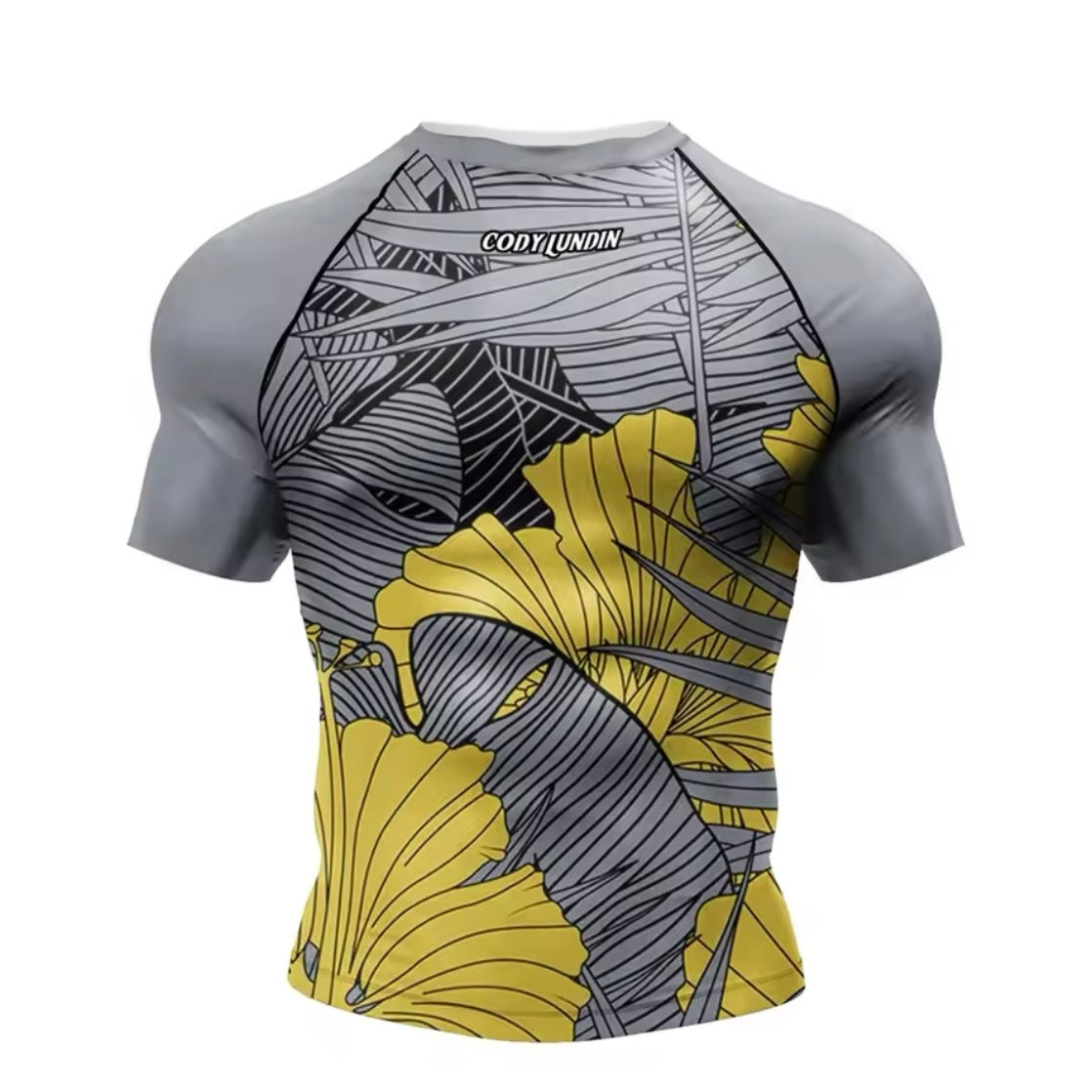 Grey & Yellow Flower Premium BJJ No Gi / MMA Set. Rash Guard, Shorts & Spats - MADE TO ORDER 2 WEEK DISPATCH