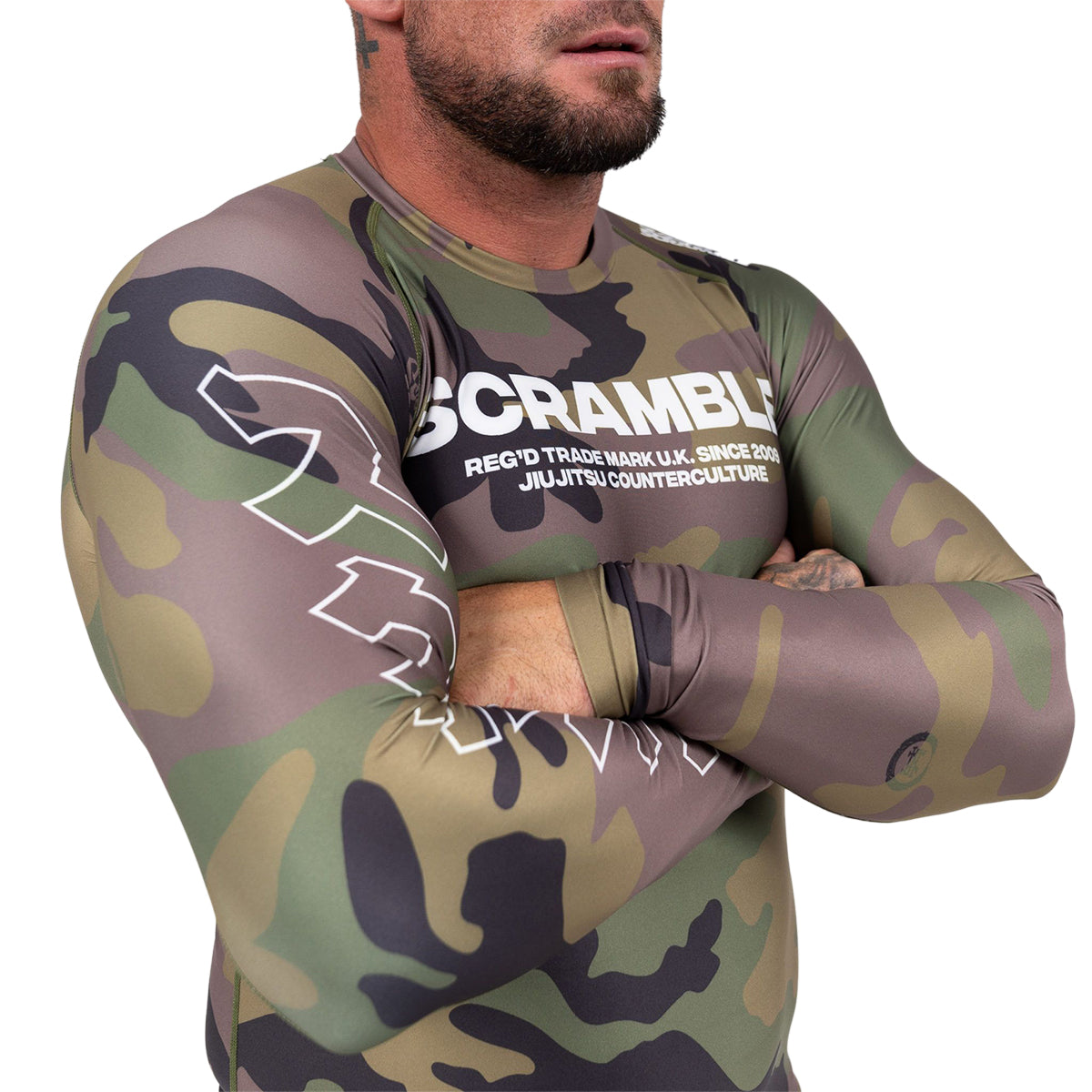 Scramble Base Woodland Camo Long Sleeve Rash Guard