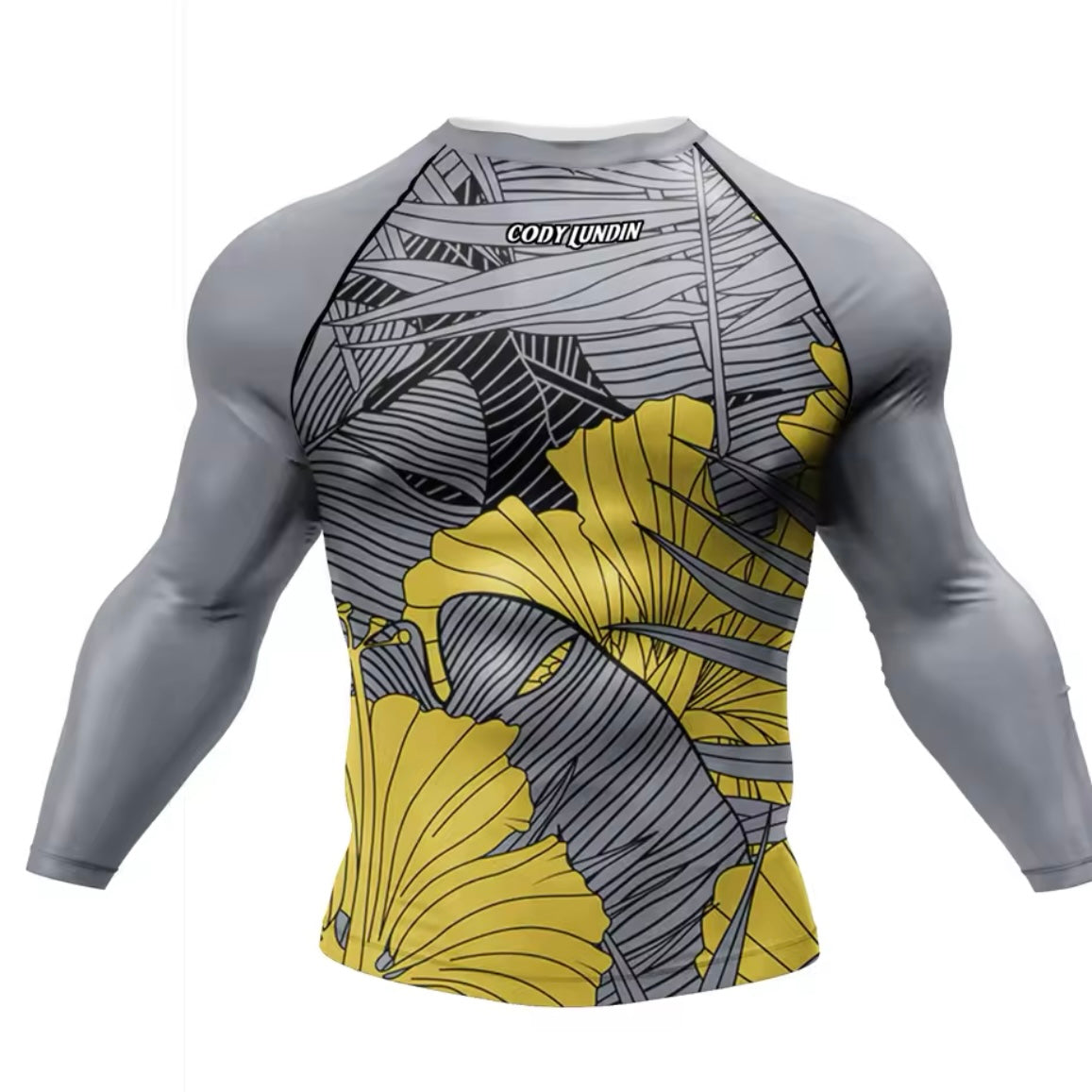 Grey & Yellow Flower Premium BJJ No Gi / MMA Set. Rash Guard, Shorts & Spats - MADE TO ORDER 2 WEEK DISPATCH