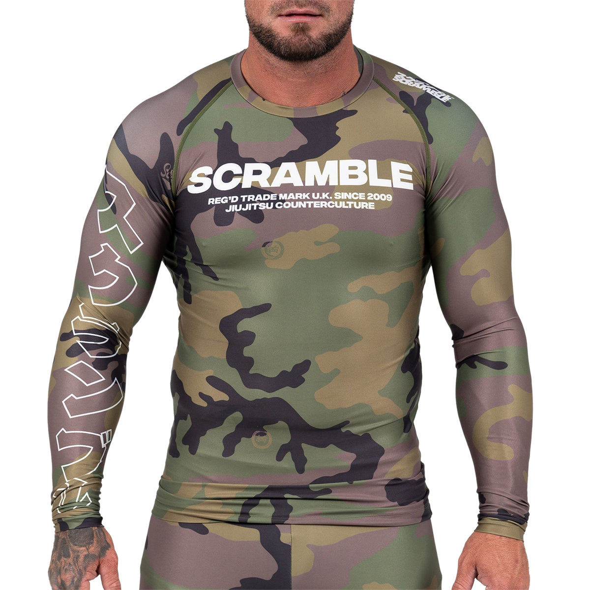 Scramble Base Woodland Camo Long Sleeve Rash Guard