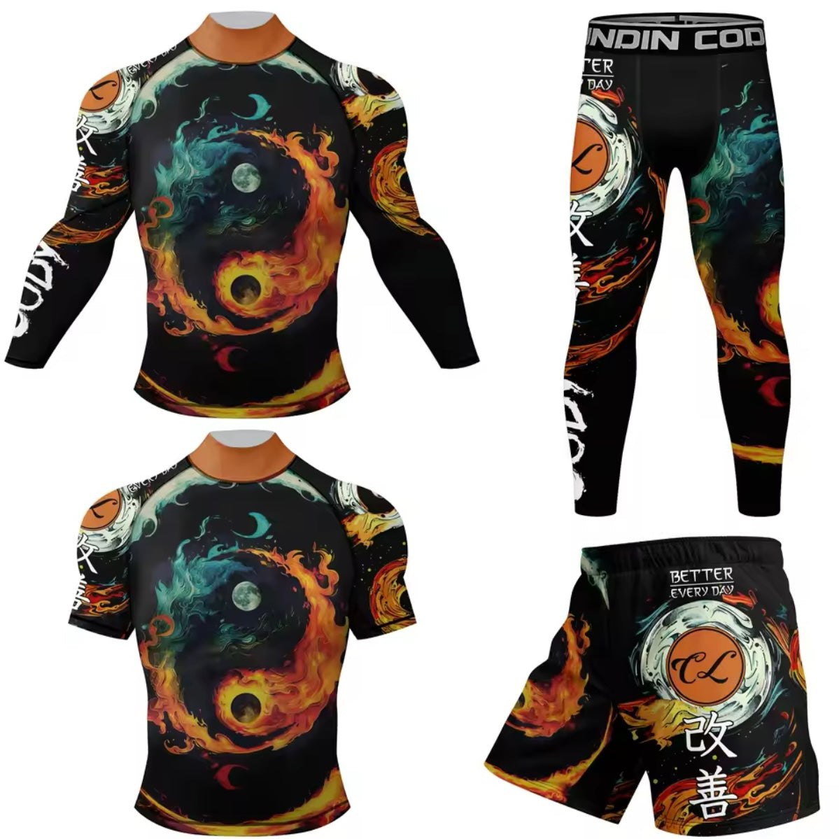 Fire Yin Yang Premium High Neck BJJ No Gi / MMA Set. Rash Guard, Shorts & Spats - MADE TO ORDER 2 WEEK DISPATCH