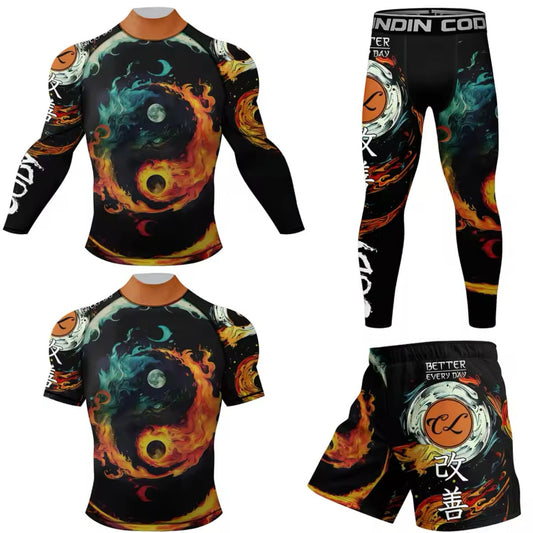 Fire Yin Yang Premium High Neck BJJ No Gi / MMA Set. Rash Guard, Shorts & Spats - MADE TO ORDER 2 WEEK DISPATCH