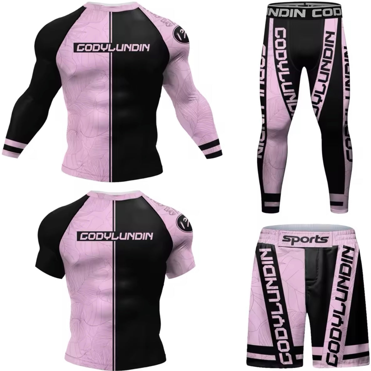 Black & Pink Premium BJJ No Gi / MMA Set. Rash Guard, Shorts & Spats - MADE TO ORDER 2 WEEK DISPATCH