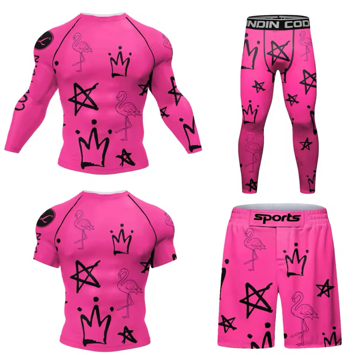 Pink Flamingo Premium BJJ No Gi / MMA Set. Rash Guard, Shorts & Spats - MADE TO ORDER 2 WEEK DISPATCH