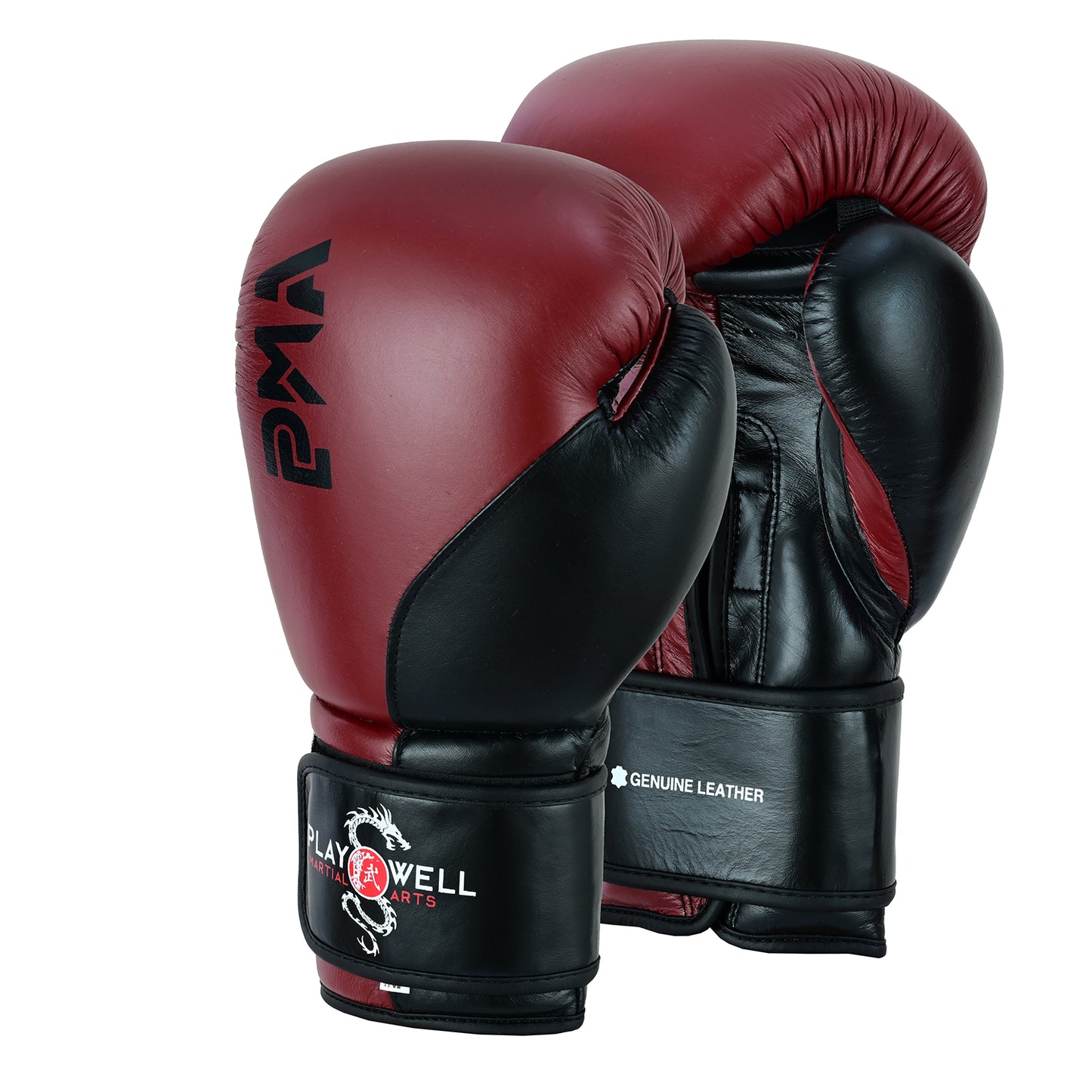 PMA Leather Muay Thai Boxing Gloves & Shin Pads Set - Maroon/Bla