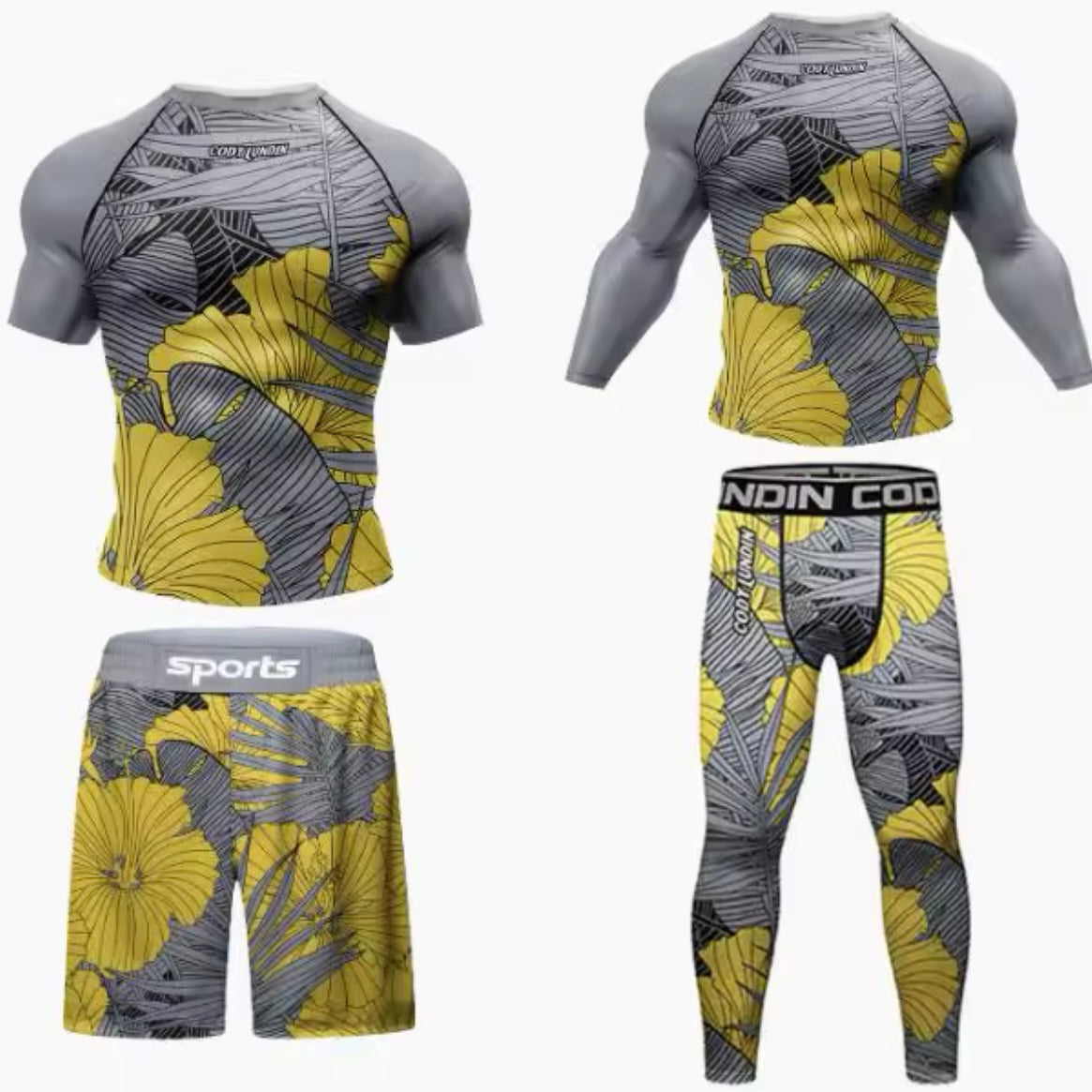 Grey & Yellow Flower Premium BJJ No Gi / MMA Set. Rash Guard, Shorts & Spats - MADE TO ORDER 2 WEEK DISPATCH