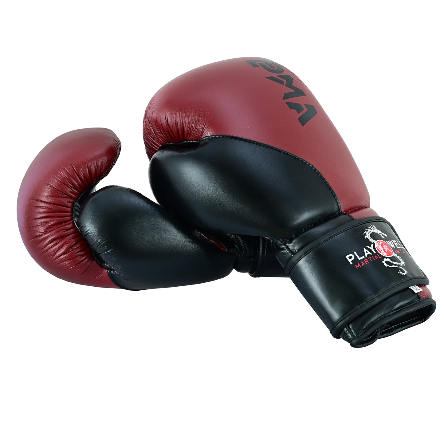 PMA Leather Muay Thai Boxing Gloves & Shin Pads Set - Maroon/Bla