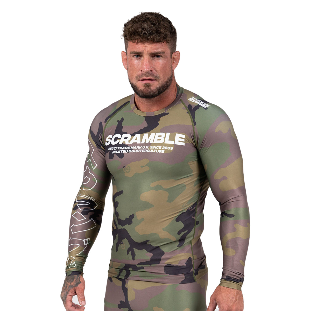 Scramble Base Woodland Camo Long Sleeve Rash Guard