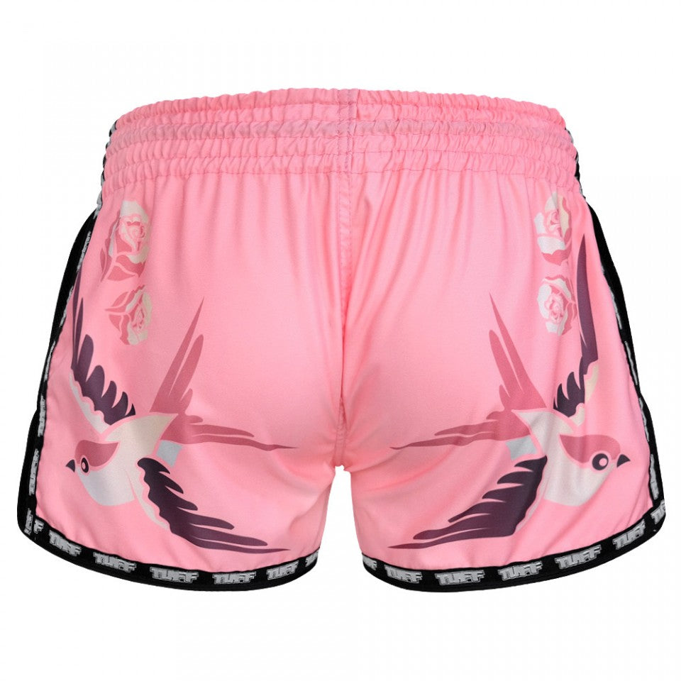 TUFF Retro Ladies Pink Birds With Roses Muay Thai Shorts