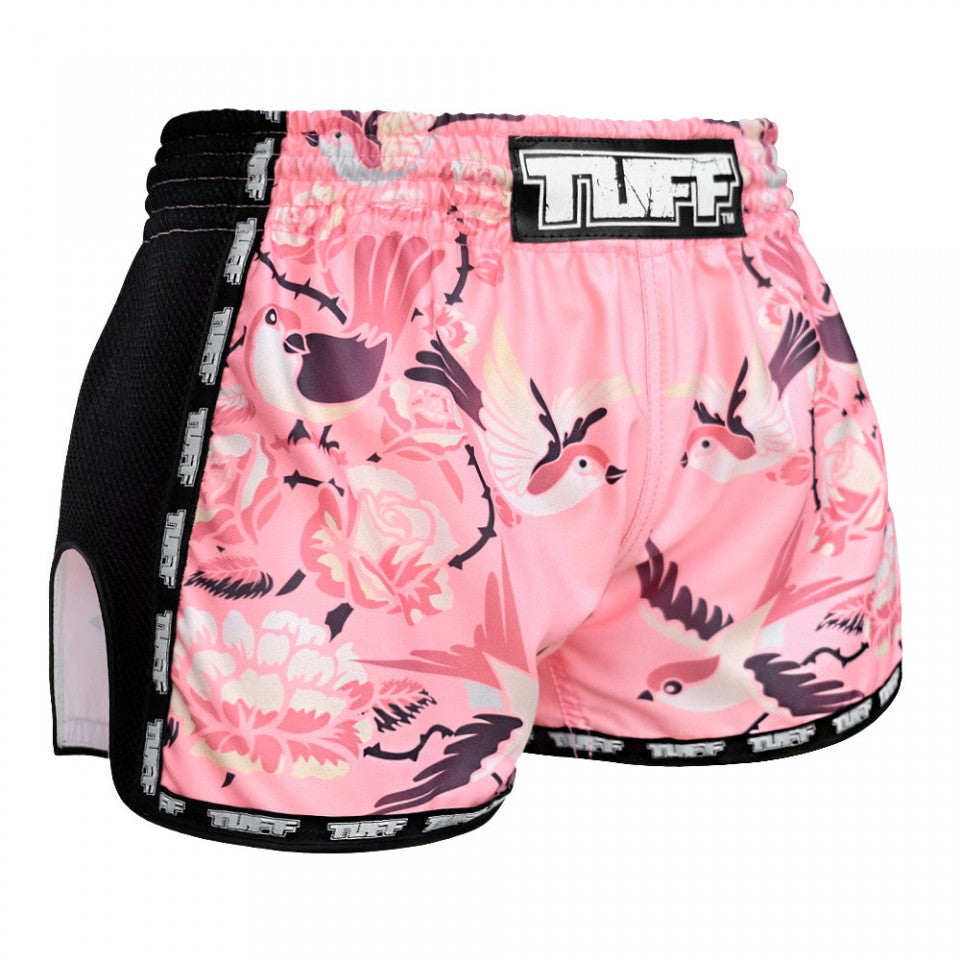 TUFF Retro Ladies Pink Birds With Roses Muay Thai Shorts