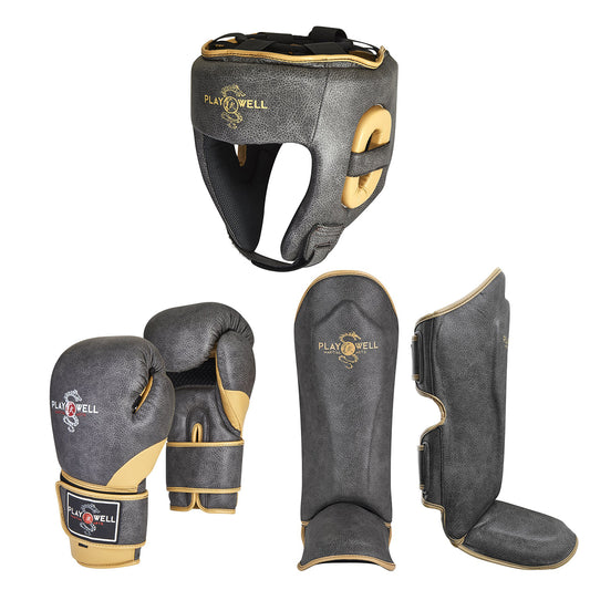 Vintage Series Muay Thai Boxing Headguard, Shins & Gloves Set