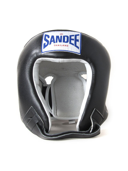 Sandee Open Face Muay Thai Leather Head Guard  - Black